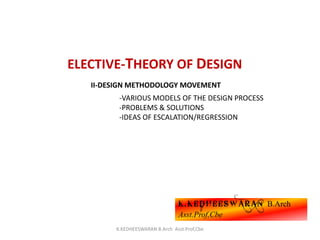 -VARIOUS MODELS OF THE DESIGN PROCESS
-PROBLEMS & SOLUTIONS
-IDEAS OF ESCALATION/REGRESSION
II-DESIGN METHODOLOGY MOVEMENT
ELECTIVE-THEORY OF DESIGN
K . K E D H E E S W A R A N B.Arch
Asst.Prof,Cbe
K.KEDHEESWARAN B.Arch Asst.Prof,Cbe
 