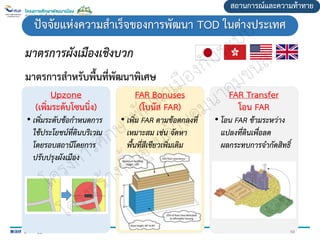 มาตรการสาหรับพื้นที่พัฒนาพิเศษ
สถานการณ์และความท้าทาย
ปัจจัยแห่งความสาเร็จของการพัฒนา TOD ในต่างประเทศ
มาตรการผังเมืองเชิงบวก
Upzone
(เพิ่มระดับโซนนิ่ง)
• เพิ่มระดับข้อกาหนดการ
ใช้ประโยชน์ที่ดินบริเวณ
โดยรอบสถานีโดยการ
ปรับปรุงผังเมือง
FAR Bonuses
(โบนัส FAR)
• เพิ่ม FAR ตามข้อตกลงที่
เหมาะสม เช่น จัดหา
พื้นที่สีเขียวเพิ่มเติม
FAR Transfer
โอน FAR
• โอน FAR ข้ามระหว่าง
แปลงที่ดินเพื่อลด
ผลกระทบการจากัดสิทธิ์
59
 