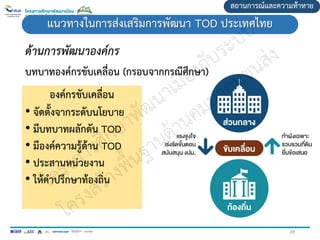 สถานการณ์และความท้าทาย
แนวทางในการส่งเสริมการพัฒนา TOD ประเทศไทย
ด้านการพัฒนาองค์กร
บทบาทองค์กรขับเคลื่อน (กรอบจากกรณีศึกษา)
องค์กรขับเคลื่อน
• จัดตั้งจากระดับนโยบาย
• มีบทบาทผลักดัน TOD
• มีองค์ความรู้ด้าน TOD
• ประสานหน่วยงาน
• ให้คาปรึกษาท้องถิ่น
89
 