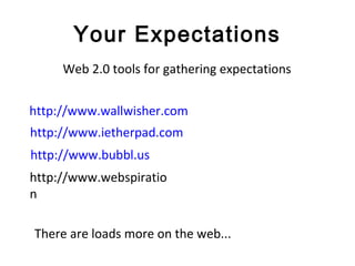 Your Expectations
http://www.wallwisher.com
Web 2.0 tools for gathering expectations
http://www.ietherpad.com
http://www.b...