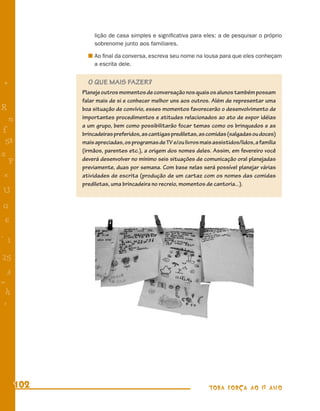 lição de casa simples e signiﬁcativa para eles: a de pesquisar o próprio
                 sobrenome junto aos familiares.

                 Ao ﬁnal da conversa, escreva seu nome na lousa para que eles conheçam
                 a escrita dele.


+             O QUE MAIS FAZER?
            Planeje outros momentos de conversação nos quais os alunos também possam
            falar mais de si e conhecer melhor uns aos outros. Além de representar uma
R           boa situação de convívio, esses momentos favorecerão o desenvolvimento de
    n       importantes procedimentos e atitudes relacionados ao ato de expor idéias
            a um grupo, bem como possibilitarão focar temas como os brinquedos e as
f           brincadeiras preferidos, as cantigas prediletas, as comidas (salgadas ou doces)
 58         mais apreciadas, os programas de TV e/ou livros mais assistidos/lidos, a família
            (irmãos, parentes etc.), a origem dos nomes deles. Assim, em fevereiro você
s
  P         deverá desenvolver no mínimo seis situações de comunicação oral planejadas
            previamente, duas por semana. Com base nelas será possível planejar várias
 e          atividades de escrita (produção de um cartaz com os nomes das comidas
            prediletas, uma brincadeira no recreio, momentos de cantoria...).
U
G
 6
- 1

25
 3
=
 h
 -
 :




      102                                                       TODA FORÇA AO 1º ANO
 