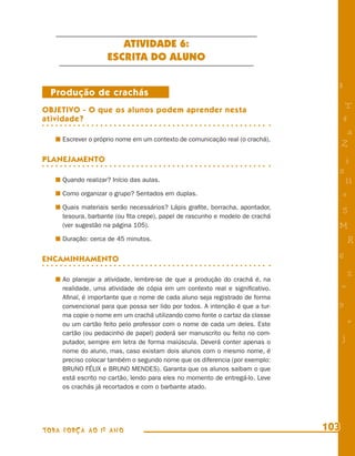 ATIVIDADE 6:
                    ESCRITA DO ALUNO

                                                                                 8
  Produção de crachás
OBJETIVO - O que os alunos podem aprender nesta
                                                                                      T
atividade?                                                                           4
                                                                                      a
     Escrever o próprio nome em um contexto de comunicação real (o crachá).
                                                                                     Z
PLANEJAMENTO                                                                         i
                                                                                 s
     Quando realizar? Início das aulas.                                               11
     Como organizar o grupo? Sentados em duplas.                                     e
     Quais materiais serão necessários? Lápis graﬁte, borracha, apontador,           5
     tesoura, barbante (ou ﬁta crepe), papel de rascunho e modelo de crachá
     (ver sugestão na página 105).                                               M
     Duração: cerca de 45 minutos.                                                       R
ENCAMINHAMENTO                                                                   6

     Ao planejar a atividade, lembre-se de que a produção do crachá é, na
                                                                                         %
     realidade, uma atividade de cópia em um contexto real e signiﬁcativo.           =
     Aﬁnal, é importante que o nome de cada aluno seja registrado de forma
     convencional para que possa ser lido por todos. A intenção é que a tur-     9
     ma copie o nome em um crachá utilizando como fonte o cartaz da classe
     ou um cartão feito pelo professor com o nome de cada um deles. Este                 +
     cartão (ou pedacinho de papel) poderá ser manuscrito ou feito no com-
     putador, sempre em letra de forma maiúscula. Deverá conter apenas o
                                                                                     j
     nome do aluno, mas, caso existam dois alunos com o mesmo nome, é
     preciso colocar também o segundo nome que os diferencia (por exemplo:
     BRUNO FÉLIX e BRUNO MENDES). Garanta que os alunos saibam o que
     está escrito no cartão, lendo para eles no momento de entregá-lo. Leve
     os crachás já recortados e com o barbante atado.




TODA FORÇA AO 1º ANO                                                           103
 
