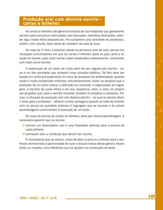 Produção oral com destino escrito –
   cartas e bilhetes
     As cartas e bilhetes são gêneros textuais de uso freqüente que geralmente
servem para comunicar informações, dar instruções, relembrar atribuições, solici-
tar algo, relatar fatos pessoais etc. Por cumprirem uma variedade de propósitos,       8
podem, sem dúvida, fazer parte do cotidiano da sala de aula.

     No caso do 1º ano, é possível, desde os primeiros dias de aula, pensar em              T
situações comunicativas em que as cartas e bilhetes (para os pais, para a di-              4
reção da escola, para outra turma) sejam produzidos coletivamente, oralmente,
com você como escriba.                                                                      a
     A elaboração de um texto vai muito além do seu registro por escrito – es-
                                                                                           Z
se é um dos princípios que norteiam essa situação didática. Tal fato deve ser              i
levado em conta principalmente no início do processo de alfabetização, quando
ainda é muito complicado enfrentar, simultaneamente, todos os desaﬁos que a
                                                                                       s
produção de um texto coloca: a deﬁnição do conteúdo, a organização da lingua-               11
gem, a escolha de quais letras e em que seqüência, além, é claro, do próprio               e
ato de grafar, que, para o escritor iniciante, também é complexo e cansativo. Por
isso, a situação de produção oral com destino escrito – na qual os alunos ditam            5
o texto para o professor – oferece muitas vantagens quando se trata de enfocar
com os alunos as questões relativas à linguagem que se escreve e às outras
                                                                                       M
aprendizagens concernentes à produção de um texto.                                             R
    No caso da escrita de cartas ou bilhetes, para que ocorra aprendizagem, é
necessário garantir que os alunos:
                                                                                       6
  j tenham um destinatário real e uma ﬁnalidade deﬁnida para a escrita da                      %
    carta/bilhete;
  j conheçam bem o conteúdo que deverá ser escrito.
                                                                                           =
     É interessante que os alunos, antes de ditar a carta ou o bilhete para o pro-     9
fessor, tenham tido a oportunidade de ouvir e discutir textos desse gênero. Assim
terão um modelo, uma referência que os ajudará na construção do texto.                         +
                                                                                           j




TODA FORÇA AO 1º ANO                                                                 109
 