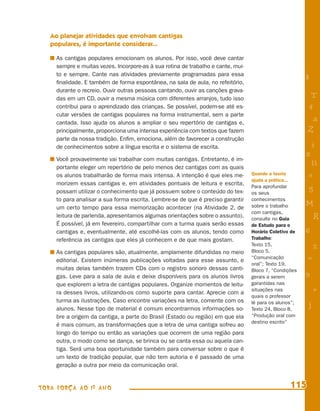 Ao planejar atividades que envolvam cantigas
   populares, é importante considerar...

     As cantigas populares emocionam os alunos. Por isso, você deve cantar
     sempre e muitas vezes. Incorpore-as à sua rotina de trabalho e cante, mui-
     to e sempre. Cante nas atividades previamente programadas para essa
     ﬁnalidade. E também de forma espontânea, na sala de aula, no refeitório,
                                                                                                         8
     durante o recreio. Ouvir outras pessoas cantando, ouvir as canções grava-
     das em um CD, ouvir a mesma música com diferentes arranjos, tudo isso                                    T
     contribui para o aprendizado das crianças. Se possível, podem-se até es-                                4
     cutar versões de cantigas populares na forma instrumental, sem a parte
     cantada. Isso ajuda os alunos a ampliar o seu repertório de cantigas e,
                                                                                                              a
     principalmente, proporciona uma intensa experiência com textos que fazem                                Z
     parte da nossa tradição. Enﬁm, emociona, além de favorecer a construção
     de conhecimentos sobre a língua escrita e o sistema de escrita.                                         i
                                                                                                         s
     Você provavelmente vai trabalhar com muitas cantigas. Entretanto, é im-
     portante eleger um repertório de pelo menos dez cantigas com as quais
                                                                                                              11
     os alunos trabalharão de forma mais intensa. A intenção é que eles me-       Quando a teoria            e
                                                                                  ajuda a prática...
     morizem essas cantigas e, em atividades pontuais de leitura e escrita,       Para aprofundar
     possam utilizar o conhecimento que já possuem sobre o conteúdo do tex-       os seus
                                                                                                             5
     to para analisar a sua forma escrita. Lembre-se de que é preciso garantir    conhecimentos
     um certo tempo para essa memorização acontecer (na Atividade 2, de           sobre o trabalho       M
                                                                                  com cantigas,
     leitura de parlenda, apresentamos algumas orientações sobre o assunto).      consulte no Guia               R
     É possível, já em fevereiro, compartilhar com a turma quais serão essas      de Estudo para o
     cantigas e, eventualmente, até escolhê-las com os alunos, tendo como         Horário Coletivo de    6
     referência as cantigas que eles já conhecem e de que mais gostam.            Trabalho:
                                                                                  Texto 15,
                                                                                  Bloco 5,
                                                                                                                 %
     As cantigas populares são, atualmente, amplamente difundidas no meio
     editorial. Existem inúmeras publicações voltadas para esse assunto, e
                                                                                  “Comunicação               =
                                                                                  oral”; Texto 19,
     muitas delas também trazem CDs com o registro sonoro dessas canti-           Bloco 7, “Condições
     gas. Leve para a sala de aula e deixe disponíveis para os alunos livros      gerais a serem         9
     que explorem a letra de cantigas populares. Organize momentos de leitu-      garantidas nas
     ra desses livros, utilizando-os como suporte para cantar. Aprecie com a
                                                                                  situações nas                  +
                                                                                  quais o professor
     turma as ilustrações. Caso encontre variações na letra, comente com os       lê para os alunos”;
     alunos. Nesse tipo de material é comum encontrarmos informações so-          Texto 24, Bloco 8,
                                                                                                             j
     bre a origem da cantiga, a parte do Brasil (Estado ou região) em que ela     “Produção oral com
                                                                                  destino escrito”
     é mais comum, as transformações que a letra de uma cantiga sofreu ao
     longo do tempo ou então as variações que ocorrem de uma região para
     outra, o modo como se dança, se brinca ou se canta essa ou aquela can-
     tiga. Será uma boa oportunidade também para conversar sobre o que é
     um texto de tradição popular, que não tem autoria e é passado de uma
     geração a outra por meio da comunicação oral.


TODA FORÇA AO 1º ANO                                                                                   115
 