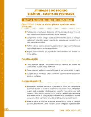 ATIVIDADE 2 DO PROJETO
                 DIDÁTICO – ESCRITA DO PROFESSOR

             Escrita da lista das cantigas conhecidas
+           OBJETIVOS - O que os alunos podem aprender nesta
            atividade?
R               Participar de uma situação de escrita coletiva, começando a conhecer al-
    n           guns procedimentos relacionados ao ato de escrever.
f               Compartilhar com os colegas os seus conhecimentos sobre as cantigas
 58             tradicionais e também sobre a escrita das palavras que compõem os tí-
                tulos de cada uma delas.
s
  P             Reﬂetir sobre o sistema de escrita, colocando em jogo suas hipóteses e
                confrontando-as com as de seus colegas.
 e
                Ampliar o conhecimento que já possuem sobre os nomes das letras e sua
U               forma gráﬁca.

G           PLANEJAMENTO
 6
                Como organizar o grupo? Alunos sentados nas carteiras, em duplas, vol-
- 1             tados para a lousa e para o professor.

                Quais materiais serão necessários? Lousa, giz, cartolina, caneta hidrocor.
25              Duração: de 30 minutos a 1 hora (conforme o conhecimento dos alunos
                sobre as cantigas).
 3
=           ENCAMINHAMENTO
 h
 -
 :              Ao planejar a atividade, decida se irá escrever os títulos das cantigas que
                os alunos ditarem na lousa ou na cartolina. Na lousa é mais interessan-
                te, pois pode-se apagar o texto quantas vezes for necessário e, ao ﬁnal,
                passá-lo a limpo em um outro suporte, o cartaz, por exemplo. Lembre-se
                de que nem todas as cantigas populares têm título. Quando isso aconte-
                ce, geralmente é o primeiro verso da canção que cumpre este papel.

                Antes de iniciar a atividade de leitura, retome com a turma as cantigas
                que eles já conhecem. Cante com eles essas cantigas e faça dessa con-


      120                                                    TODA FORÇA AO 1º ANO
 