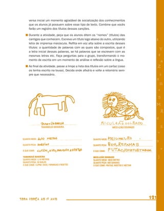 versa inicial um momento agradável de socialização dos conhecimentos
     que os alunos já possuem sobre esse tipo de texto. Combine que vocês
     farão um registro dos títulos dessas canções.

     Durante a atividade, peça que os alunos ditem os “nomes” (títulos) das
     cantigas que conhecem. Escreva um título logo abaixo do outro, utilizando      8
     letra de imprensa maiúscula. Reﬂita em voz alta sobre a escrita desses
     títulos: a quantidade de palavras com as quais são compostos, qual é
                                                                                         T
     a letra inicial dessas palavras, se há palavras que se escrevem com as
     mesmas letras etc. Faça perguntas para o grupo, transformando o mo-                4
     mento de escrita em um momento de análise e reﬂexão sobre a língua.                 a
     Ao ﬁnal da atividade, passe a limpo a lista dos títulos em um cartaz (caso         Z
     os tenha escrito na lousa). Decida onde aﬁxá-lo e volte a retomá-lo sem-
     pre que necessário.                                                                i
                                                                                    s
                                                                                         11
                                                                                        e
                                                                                        5
                                                                                    M
                                                                                            R
                                                                                    6
                                                                                            %
                                                                                        =
                                                                                    9
                                                                                            +
                                                                                        j




TODA FORÇA AO 1º ANO                                                              121
 