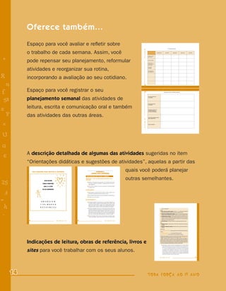 Oferece também...
             Espaço para você avaliar e reﬂetir sobre
                                                                                                                                                                                                                                                                       8ª semana de aula




                                                                                                                                                                                    TODA FORÇA AO 1º ANO
             o trabalho de cada semana. Assim, você                                                                                                                                                        O que eu vou ler
                                                                                                                                                                                                                                      segunda-feira            terça-feira           quarta-feira             quinta-feira             sexta-feira




    +
                                                                                                                                                                                                           para a turma




             pode repensar seu planejamento, reformular                                                                                                                                                    O que eles lerão


                                                                                                                                                                                                           O que eu vou
                                                                                                                                                                                                           escrever para e/ou
                                                                                                                                                                                                           com a turma




             atividades e reorganizar sua rotina,
                                                                                                                                                                                                           O que eles
                                                                                                                                                                                                           escreverão


                                                                                                                                                                                                           As atividades de
                                                                                                                                                                                                           comunicação oral




R            incorporando a avaliação ao seu cotidiano.
    n




                                                                                                                                                                                       65




                                                                                                                                                                                                                                              9




                                                                                                                                                                                                                                                                 6


                                                                                                                                                                                                                                                                             M




                                                                                                                                                                                                                                                                                                  s




                                                                                                                                                                                                                                                                                                                                   8
                                                                                                                                                                                                                                                      =




                                                                                                                                                                                                                                                                                                             Z
                                                                                                                                                                                                                                 j




                                                                                                                                                                                                                                                                                  5




                                                                                                                                                                                                                                                                                                             4
                                                                                                                                                                                                                                                                                         e




                                                                                                                                                                                                                                                                                                              T
                                                                                                                                                                                                                                                                                                      i
                                                                                                                                                                                                                                                                                          11
                                                                                                                                                                                                                                        +



                                                                                                                                                                                                                                                           %


                                                                                                                                                                                                                                                                       R




                                                                                                                                                                                                                                                                                                              a
f            Espaço para você registrar o seu




                                                                                                                                                                                                                                    =




                                                                                                                                                                                                                                                             - 1




                                                                                                                                                                                                                                                                                               s




                                                                                                                                                                                                                                                                                               R
                                                                                                                                                                                                                                                      25




                                                                                                                                                                                                                                                                             G




                                                                                                                                                                                                                                                                                               f
                                                                                                                                                                                                                                                                                  U
                                                                                                                                                                                                                                     -




                                                                                                                                                                                                                                                                                                                                 +
                                                                                                                                                                                                                                     :




                                                                                                                                                                                                                                                                                         e
                                                                                                                                                                                                                                                                      6




                                                                                                                                                                                                                                                                                                58
                                                                                                                                                                                                                                     h

                                                                                                                                                                                                                                       3




                                                                                                                                                                                                                                                                                                 P



                                                                                                                                                                                                                                                                                                 n
                                                                                                                                                                                       64
                                                                                                                                                                                                                                                           Anotações sobre o trabalho realizado




             planejamento semanal das atividades de
                                                                                                                                                                                                           O que deu muito certo...




 58
                                                                                                                                                                                                           E os porquês




                                                                                                                                                                                                           O que não deu certo...




             leitura, escrita e comunicação oral e também
                                                                                                                                                                                                           E os porquês




s                                                                                                                                                                                                          Dúvidas para resolver com
                                                                                                                                                                                                           os colegas professores




  P
                                                                                                                                                                                                           e/ou com a coordenação




             das atividades das outras áreas.                                                                                                                                                              Observações importantes sobre




                                                                                                                                                                                    TODA FORÇA AO 1º ANO
                                                                                                                                                                                                           este ou aquele aluno




    e                                                                                                                                                                                                      Outros comentários




U
G
             A descrição detalhada de algumas das atividades sugeridas no item
    6
             “Orientações didáticas e sugestões de atividades”, aquelas a partir das
-                                                                                                                                                                            quais você poderá planejar
                         UMA PARLENDA PARA RECITAR O ALFABETO                                                ATIVIDADE 3:




                                                       !
                                                                                                      LEITURA COM O PROFESSOR



                                                                                                                                                                             outras semelhantes.
                                                                                           Uma parlenda para recitar o alfabeto
              +                                                                +          OBJETIVOS - O que os alunos podem aprender nesta
                                                                                          atividade?


25           R

             f
               n

              58
                                      SUCO GELADO

                                    CABELO ARREPIADO

                                     QUAL É A LETRA
                                                                              R

                                                                              f
                                                                                n

                                                                               58
                                                                                              Ampliar o conhecimento que já possuem, num contexto lúdico e diver-
                                                                                              tido, sobre a seqüência do alfabeto e, progressivamente, memorizar a
                                                                                              ordem alfabética.

                                                                                              Ouvir a leitura e apreciar um texto que faça parte do repertório popular
                                                                                              de nossa cultura.
             s                                                                s
               P                    DO SEU NAMORADO?                            P
                                                                                          PLANEJAMENTO.



    3                       b
              e                                                                e
                                                                                              Como organizar o grupo? Para ouvir a leitura do texto e recitá-lo com o
             U                                                                U               professor, os alunos poderão estar reunidos em círculo.

             G                                                                G               Quais materiais serão necessários? A letra da parlenda e corda para brincar.

                                                                                              Duração: de 20 a 30 minutos.




=
              6                                                                6
             - 1                                                              - 1         ENCAMINHAMENTO

                                   A B C D E F G H                                            Ao planejar a atividade, faça cópias do texto “Suco Gelado” (página 94) pa-
             25                                                               25
                                                                                              ra os alunos colarem no caderno. Escreva também o texto na lousa, como




 h
                3                 I J K L M N O P Q                              3            suporte para a leitura coletiva. O ideal é que as crianças possam, após a
                                                                                              leitura, pular corda e recitar a cantiga em um contexto lúdico. Para tanto,
             =                                                                =               providencie cordas e planeje um local no pátio adequado à brincadeira.
              h                   R S T U V W Y X Z                            h
                                                                                              Ao iniciar a atividade, comente com os alunos que você irá ensinar uma                                                                              O que consultar?
              -
              :                                                                -
                                                                               :              parlenda que geralmente acompanha as brincadeiras de pular corda. Per-
                                                                                                                                                                                                                                               Livros
                                                                                              gunte-lhes se conhecem alguma cantiga de “pular corda” (ou outra par-
                                                                                                                                                                                                                                                  Quem canta seus males espanta, volumes 1 e 2, publicado pela Editora




 -
                                                                                              lenda qualquer). Procure também informar-se sobre quem sabe/gosta de
                                                                                                                                                                                                                                                  Caramelo (acompanha o registro sonoro das cantigas em CD).
                                                                                              pular corda. Aproveite para explicar que esta é uma parlenda especial,
                                                                                              pois traz um tema que eles estão trabalhando: as letras do alfabeto.                                                                                O tesouro das cantigas para as crianças, volumes 1 e 2, de Ana Maria Machado,                        8
                                                                                                                                                                                                                                                  da Editora Nova Fronteira (acompanha o registro sonoro das cantigas em CD).
                                                                                              Durante a atividade, primeiro recite a parlenda tendo como apoio a lousa
                                                                                                                                                                                                                                                  “Coleção Ciranda e Cantigas”, organizada por Salatiel Silva, da Editora Ciranda                           T
                                                                                              – deixe para entregar a cópia do texto para os alunos ao final da ativida-
                                                                                                                                                                                                                                                  Cultural (o CD que acompanha esta coleção de pequenos livros traz diversas
                                                                                                                                                                                                                                                  cantigas de roda com arranjos diferentes: “Se essa rua” no ritmo de tango,                               4
                                                                                                                                                                                                                                                  “Sapo Jururu” na forma de rock etc.).                                                                     a
                    94                                 TODA FORÇA AO 1º ANO          92                                                     TODA FORÇA AO 1º ANO                                                                                  A arte de brincar, de Adriana Friedmannn, publicado pela editora Scritta.                                Z
                                                                                                                                                                                                                                               CDs
                                                                                                                                                                                                                                                 Cantigas de roda, de Sandra Peres e Paulo Tatit, lançado pelo selo Palavra                                i
                                                                                                                                                                                                                                                 Cantada.                                                                                              s
                                                                                                                                                                                                                                                 Pandalelê - Brinquedos cantados, de Eugenio Tadeu, lançado pelo selo Palavra                               11
                                                                                                                                                                                                                                                 Cantada.                                                                                                  e
                                                                                                                                                                                                                                               Na Internet
                                                                                                                                                                                                                                                                                                                                                           5
                                                                                                                                                                                                                                               www.cp.ufmg.br/pandalele - site de pesquisa da Universidade Federal de Minas
                                                                                                                                                                                                                                               Gerais.                                                                                                 M
                                                                                                                                                                                                                                               www.palavracantada.com.br - site do grupo Palavra Cantada.
                                                                                                                                                                                                                                                                                                                                                               R
                                                                                                                                                                                                                                               www.carnaxe.com.br - traz a letra de mais de cinqüenta cantigas.
                                                                                                                                                                                                                                               Aproveite para pesquisar na Internet outros sites que tragam informações sobre                          6
                                                                                                                                                                                                                                               cantigas de roda. Você pode acessar um site de busca, como www.google.com.br,
                                                                                                                                                                                                                                               e digitar “cantigas de roda”, selecionar o item “páginas do Brasil” para agilizar a
                                                                                                                                                                                                                                                                                                                                                               %



             Indicações de leitura, obras de referência, livros e
                                                                                                                                                                                                                                               pesquisa e dar o comando “pesquisar”. Aparecerá uma longa lista de sites, atualizada,                       =
                                                                                                                                                                                                                                               que você poderá consultar para buscar a letra completa de cantigas, informações
                                                                                                                                                                                                                                               históricas sobre elas, informações sobre a melodia, dicas de obras publicadas sobre                     9
                                                                                                                                                                                                                                               o assunto e até projetos desenvolvidos em escolas com este tema.
                                                                                                                                                                                                                                                                                                                                                               +
                                                                                                                                                                                                                                                      Finalmente: do ponto de vista da comunicação oral, os alunos terão a
                                                                                                                                                                                                                                                      oportunidade de aprimorar as suas competências para se expressar oral-                               j



             sites para você trabalhar com os seus alunos.
                                                                                                                                                                                                                                                      mente em uma situação mais formal, ou seja, em uma situação de “co-
                                                                                                                                                                                                                                                      ral”, na qual é fundamental aprender a se expressar com ritmo, seguindo
                                                                                                                                                                                                                                                      a melodia do texto, adequando a altura da voz. Se na sua escola tiver
                                                                                                                                                                                                                                                      um professor, um funcionário ou até mesmo um aluno que saiba tocar
                                                                                                                                                                                                                                                      violão ou flauta, e puder tocar para os alunos ou mesmo acompanhá-los
                                                                                                                                                                                                                                                      na apresentação do coral, o trabalho com as cantigas contribuirá ainda
                                                                                                                                                                                                                                                      mais para a formação musical de seus alunos.



                                                                                                                                                                                                                                             TODA FORÇA AO 1º ANO                                                                                    117




        14                                                                                                                                                                                                 TODA FORÇA AO 1º ANO
 