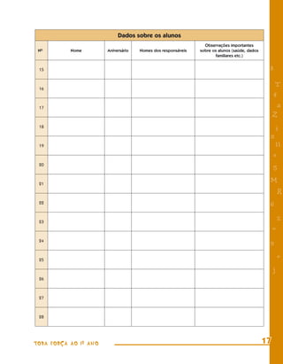 Dados sobre os alunos
                                                                Observações importantes
 No        Nome        Aniversário   Nomes dos responsáveis   sobre os alunos (saúde, dados
                                                                     familiares etc.)


 15                                                                                            8

 16
                                                                                                    T
                                                                                                   4
 17                                                                                                 a
                                                                                                   Z
 18                                                                                                i
                                                                                               s
 19                                                                                                 11
                                                                                                   e
 20
                                                                                                   5

 21
                                                                                               M
                                                                                                       R
 22
                                                                                               6

 23
                                                                                                       %
                                                                                                   =
 24
                                                                                               9

 25
                                                                                                       +
                                                                                                   j
 26



 27



 28




TODA FORÇA AO 1º ANO                                                                          17
 