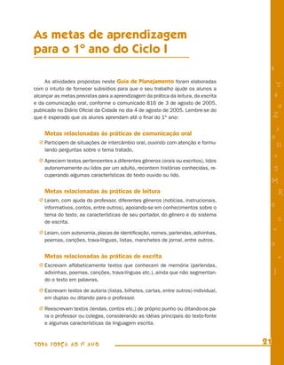 As metas de aprendizagem
para o 1º ano do Ciclo I
                                                                                       8
     As atividades propostas neste Guia de Planejamento foram elaboradas
com o intuito de fornecer subsídios para que o seu trabalho ajude os alunos a
                                                                                            T
alcançar as metas previstas para a aprendizagem da prática da leitura, da escrita          4
e da comunicação oral, conforme o comunicado 816 de 3 de agosto de 2005,
                                                                                            a
publicado no Diário Oﬁcial da Cidade no dia 4 de agosto de 2005. Lembre-se do
que é esperado que os alunos aprendam até o ﬁnal do 1o ano:                                Z
                                                                                           i
    Metas relacionadas às práticas de comunicação oral
                                                                                       s
  j Participem de situações de intercâmbio oral, ouvindo com atenção e formu-
                                                                                            11
    lando perguntas sobre o tema tratado.
                                                                                           e
  j Apreciem textos pertencentes a diferentes gêneros (orais ou escritos), lidos
    autonomamente ou lidos por um adulto, recontem histórias conhecidas, re-               5
    cuperando algumas características do texto ouvido ou lido.
                                                                                       M
    Metas relacionadas às práticas de leitura                                                  R
  j Leiam, com ajuda do professor, diferentes gêneros (notícias, instrucionais,
    informativos, contos, entre outros), apoiando-se em conhecimentos sobre o          6
    tema do texto, as características de seu portador, do gênero e do sistema
    de escrita.                                                                                %
  j Leiam, com autonomia, placas de identiﬁcação, nomes, parlendas, adivinhas,
                                                                                           =
    poemas, canções, trava-línguas, listas, manchetes de jornal, entre outros.
                                                                                       9
    Metas relacionadas às práticas de escrita                                                  +
  j Escrevam alfabeticamente textos que conhecem de memória (parlendas,
    adivinhas, poemas, canções, trava-línguas etc.), ainda que não segmentan-              j
    do o texto em palavras.

  j Escrevam textos de autoria (listas, bilhetes, cartas, entre outros) individual,
    em duplas ou ditando para o professor.

  j Reescrevam textos (lendas, contos etc.) de próprio punho ou ditando-os pa-
    ra o professor ou colegas, considerando as idéias principais do texto-fonte
    e algumas características da linguagem escrita.



TODA FORÇA AO 1º ANO                                                                  21
 