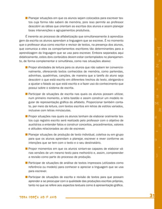 Planejar situações em que os alunos sejam colocados para escrever tex-
       tos cuja forma não sabem de memória, pois isso permite ao professor
       descobrir as idéias que orientam as escritas dos alunos e assim planejar
       boas intervenções e agrupamentos produtivos.

     É inerente ao processo de alfabetização que simultaneamente à aprendiza-
gem da escrita os alunos aprendam a linguagem que se escreve. É no momento            8
que o professor atua como escritor e revisor de textos, na presença dos alunos,
que comunica a eles os comportamentos escritores tão determinantes para a                  T
aprendizagem da linguagem que se usa para escrever. Embora separados aqui
                                                                                          4
didaticamente, estes dois conteúdos devem estar contemplados no planejamen-
to, de forma complementar e simultânea, como nas situações abaixo:                         a
       Propor atividades de leitura para os alunos que não sabem ler convencio-           Z
       nalmente, oferecendo textos conhecidos de memória, como parlendas,
       adivinhas, quadrinhas, canções, de maneira que a tarefa do aluno seja
                                                                                          i
       descobrir o que está escrito em diferentes trechos do texto, obrigando-o       s
       a ajustar o falado ao que está escrito e a fazer uso do conhecimento que            11
       possui sobre o sistema de escrita.                                                 e
       Participar de situações de escrita nas quais os alunos possam utilizar,
       num primeiro momento, a letra bastão e assim construir um modelo re-
                                                                                          5
       gular de representação gráﬁca do alfabeto. Proporcionar também conta-          M
       to, por meio da leitura, com textos escritos em letras de estilos variados,
       inclusive com letras minúsculas.                                                       R
       Propor situações nas quais os alunos tenham de elaborar oralmente tex-         6
       tos cujo registro escrito será realizado pelo professor com o objetivo de
       auxiliá-los a entender fatos e construir conceitos, procedimentos, valores             %
       e atitudes relacionados ao ato de escrever.
                                                                                          =
       Planejar situações de produção de texto individual, coletiva ou em grupo
       para que os alunos aprendam a planejar, escrever e rever conforme as           9
       intenções que se tem com o texto e o seu destinatário.
       Propor momentos em que os alunos sintam-se capazes de elaborar vá-                     +
       rias versões de um mesmo texto para melhorá-lo e, assim, compreender
       a revisão como parte do processo de produção.
                                                                                          j
       Participar de situações de análise de textos impressos (utilizados como
       referência ou modelo) para conhecer e apreciar a linguagem que se usa
       para escrever.
       Participar de situações de escrita e revisão de textos para que possam
       aprender a se preocupar com a qualidade das produções escritas próprias,
       tanto no que se refere aos aspectos textuais como à apresentação gráﬁca.



TODA FORÇA AO 1º ANO                                                                 31
 