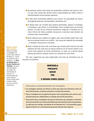 As palavras devem fazer parte do vocabulário cotidiano dos alunos, mes-
                                      mo que eles ainda não tenham tido a oportunidade de reﬂetir sobre a
                                      representação escrita dessas palavras.

                                      A lista deve contemplar palavras que variam na quantidade de letras,
                                      abrangendo palavras monossílabas, dissílabas etc.
+                                     O ditado deve ser iniciado pela palavra polissílaba, depois a trissílaba,
                                      a dissílaba e, por último, a monossílaba. Esse cuidado deve ser tomado
                                      porque, no caso de as crianças escreverem segundo a hipótese do nú-
R                                     mero mínimo de letras, poderão recusar-se a escrever caso tenham de
    n                                 começar pelo monossílabo.

f                                     Evite palavras que repitam as vogais, pois isso também pode fazer com
                                      que as crianças entrem em conﬂito – por causa da hipótese da variedade
 58                                   – e também recusem-se a escrever.
s                                     Após o ditado da lista, dite uma frase que envolva pelo menos uma das
  P     Quando a teoria
        ajuda a prática...            palavras da lista, para que se possa observar se os alunos voltam a es-
        Antes de avaliar              crever essa palavra de forma semelhante, ou seja, se a escrita dessa
 e      a sondagem da
                                      palavra permanece estável mesmo no contexto de uma frase.
        turma, leia o Texto 5
U       do Bloco 2, “Como          Por isso, sugerimos que seja organizada uma lista de alimentos que se
        se aprende a ler e
        escrever”, no Guia
                                compram na padaria:
G
        de Estudo para o
        Horário Coletivo de
 6      Trabalho. No texto                                        MORTADELA
        são abordadas
- 1     as etapas de
                                                                  PRESUNTO
        construção da                                               QUEIJO
        escrita, e é
25      fundamental que                                              PÃO
        você conheça
        essas etapas para                                O MENINO COMEU QUEIJO
 3      analisar aquilo
=       que seus alunos
        produziram.
 h                                  Dicas para o encaminhamento da sondagem
 -
 :                                j As sondagens deverão ser feitas no início das aulas (em fevereiro), início de
                                    abril, ﬁnal de junho, ao ﬁnal de setembro e ao ﬁnal de novembro.
                                  j Faça a sondagem em um papel sem pauta. Isso é proposital, pois assim será
                                    possível observar o alinhamento e a direção da escrita dos alunos.
                                  j Se possível, faça a sondagem com poucos alunos por vez, deixando o restante
                                    da turma envolvido com outras atividades que não solicitem tanto sua presença
                                    (a cópia de uma cantiga, a produção de um desenho etc.). Se necessário, peça
                                    ajuda ao diretor ou a outra pessoa que possa lhe dar esse suporte.


      36                                                                               TODA FORÇA AO 1º ANO
 
