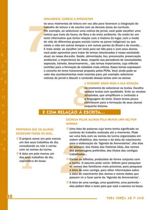 FINALMENTE, COMECE A APROVEITAR




                 7
                               os seus momentos de leitura em voz alta para favorecer a integração do
                               trabalho de leitura e de escrita com as demais áreas do currículo.
                               Por exemplo, ao selecionar uma notícia de jornal, você pode escolher uma
                               notícia que trate da fauna, da ﬂora e do meio ambiente. Ou então ler um
                               texto informativo que tenha relação com a história do lugar, com o modo
+                              de vida de diferentes grupos sociais (como os povos indígenas) ou que
                               relate a vida em outros tempos e em outras partes do Brasil e do mundo...
                               E mais ainda: ao escolher um texto para ser lido para e com seus alunos,
                               você pode aproveitar para tratar de temas relacionados à nossa sociedade
R                              atual, ao nosso dia-a-dia. Saúde, alimentação, lixo, preconceito, preservação
    n                          ambiental, a importância do idoso, respeito aos portadores de necessidades
                               especiais, trânsito, desarmamento... são temas importantes, cuja reﬂexão
f                              contribui para a formação de cidadãos mais críticos. Esses temas expressam
                               o conceito de tema transversal proposto pelos PCNs. Você ainda pode se
 58                            valer dos acontecimentos mais recentes para, por exemplo, selecionar
s                              notícias de jornal e discutir o conteúdo desses textos com os alunos.




                                                     8
  P                                                            E REDOBRE AINDA MAIS A SUA ATENÇÃO
                                                               no momento de selecionar os textos. Escolha
 e                                                             sempre textos com qualidade. Evite as versões
                                                               adaptadas, que simpliﬁcam o conteúdo e
U                                                              a linguagem do texto. Esses textos pouco
                                                               contribuem para a formação de seus alunos
G                                                              enquanto leitores.

 6                            E COM RELAÇÃO À ESCRITA...
- 1                                             ESCREVA PELOS ALUNOS PELO MENOS UMA VEZ POR
                                                SEMANA
           PROPONHA QUE OS ALUNOS               j Uma lista de palavras cujo tema tenha signiﬁcado no
25         ESCREVAM TODOS OS DIAS...               contexto do trabalho realizado até o momento. Pode
                                                   ser uma lista com os nomes da turma organizados em




                                             2
 3         j O próprio nome em pelo menos          ordem alfabética, dos nomes e da data de nascimento
             um dos seus trabalhos do dia,         para a elaboração da “Agenda de Aniversários”, dos dias
=            consultando ou não o cartaz           da semana, dos títulos das histórias lidas, dos nomes
 h           com os nomes da turma.                dos personagens preferidos, dos títulos das cantigas




              1
 -         j A data em pelo menos um               trabalhadas...
 :           dos seus trabalhos do dia,
                                                j Cartas ou bilhetes, produzidos de forma conjunta com
             copiando-a da lousa.
                                                   a turma. O assunto pode variar: bilhete para pesquisar
                                                   os nomes dos familiares mais próximos, para pesquisar
                                                   a letra de uma cantiga, para obter informações sobre
                                                   a data de nascimento dos alunos e outros dados que
                                                   possam vir a fazer parte da “Agenda de Aniversários”.
                                                j A letra de uma cantiga, uma quadrinha, uma parlenda –
                                                   eles podem ditar o texto para que você a escreva na lousa.


      42                                                                        TODA FORÇA AO 1º ANO
 