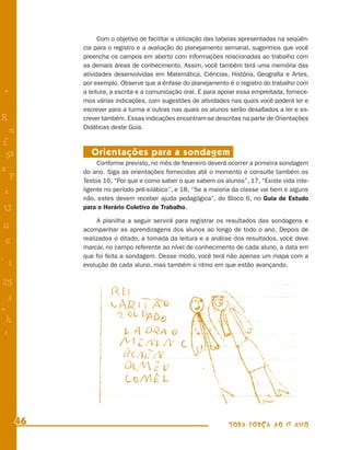 Com o objetivo de facilitar a utilização das tabelas apresentadas na seqüên-
           cia para o registro e a avaliação do planejamento semanal, sugerimos que você
           preencha os campos em aberto com informações relacionadas ao trabalho com
           as demais áreas de conhecimento. Assim, você também terá uma memória das
           atividades desenvolvidas em Matemática, Ciências, História, Geograﬁa e Artes,
           por exemplo. Observe que a ênfase do planejamento é o registro do trabalho com
+          a leitura, a escrita e a comunicação oral. E para apoiar essa empreitada, fornece-
           mos várias indicações, com sugestões de atividades nas quais você poderá ler e
           escrever para a turma e outras nas quais os alunos serão desaﬁados a ler e es-
R          crever também. Essas indicações encontram-se descritas na parte de Orientações
           Didáticas deste Guia.
    n
f
 58           Orientações para a sondagem
                Conforme previsto, no mês de fevereiro deverá ocorrer a primeira sondagem
s          do ano. Siga as orientações fornecidas até o momento e consulte também os
  P        Textos 16, “Por que e como saber o que sabem os alunos”, 17, “Existe vida inte-
 e         ligente no período pré-silábico”, e 18, “Se a maioria da classe vai bem e alguns
           não, estes devem receber ajuda pedagógica”, do Bloco 6, no Guia de Estudo
U          para o Horário Coletivo de Trabalho.

                A planilha a seguir servirá para registrar os resultados das sondagens e
G          acompanhar as aprendizagens dos alunos ao longo de todo o ano. Depois de
           realizados o ditado, a tomada da leitura e a análise dos resultados, você deve
 6
           marcar, no campo referente ao nível de conhecimento de cada aluno, a data em
- 1        que foi feita a sondagem. Desse modo, você terá não apenas um mapa com a
           evolução de cada aluno, mas também o ritmo em que estão avançando.

25
 3
=
 h
 -
 :




      46                                                       TODA FORÇA AO 1º ANO
 