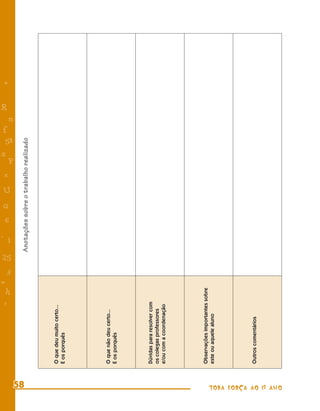 =
                                                                                           s




                                                 :
                                                 -
                                                                                           f
                                                                                                           R
                                                                                                               +




                                                                                      e


                                                                            G
                                                                        6
                                                                                 U




                                                 h
                                                                  - 1



                                                       3
                                                           25
                                                                                            58
                                                                                                       n



                                                                                             P




   58
                                                                Anotações sobre o trabalho realizado



                       O que deu muito certo...
                       E os porquês




                       O que não deu certo...
                       E os porquês




                       Dúvidas para resolver com
                       os colegas professores
                       e/ou com a coordenação




                       Observações importantes sobre
                       este ou aquele aluno




                       Outros comentários




TODA FORÇA AO 1º ANO
 