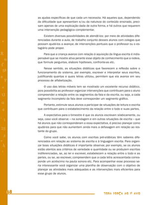 as ajudas especíﬁcas de que cada um necessita. Há aqueles que, dependendo
           da diﬁculdade que apresentam e/ou da natureza do conteúdo ensinado, preci-
           sam apenas de uma explicação dada de outra forma, e há outros que requerem
           uma intervenção pedagógica complementar.

                Existem diversas possibilidades de atendê-los: por meio de atividades dife-
           renciadas durante a aula, de trabalho conjunto desses alunos com colegas que
+
           possam ajudá-los a avançar, de intervenções pontuais que o professor ou o es-
           tagiário pode propor.

R              Para que a criança avance com relação à aquisição da língua escrita é indis-
    n      pensável que se mostre ativa perante esse objeto de conhecimento que a rodeia,
           que formule perguntas, elabore hipóteses, confronte-as etc.
f
                Nesse sentido, as situações didáticas que favorecem a reﬂexão sobre o
 58        funcionamento do sistema, por exemplo, escrever e interpretar seus escritos,
s          justiﬁcando quantas e quais letras utilizou, permitem que ela avance em seu
  P        processo de alfabetização.

 e              O uso das letras móveis tem se mostrado um excelente recurso didático,
           pois possibilita ao professor organizar intervenções que contribuam para o aluno
U          compreender a relação entre os segmentos da fala e da escrita, ou seja, a cada
           segmento incompleto da fala deve corresponder um segmento gráﬁco.
G              Portanto, estimule seus alunos a participar de situações de leitura e escrita
 6         que contribuam para o estabelecimento da relação entre o todo e suas partes.

                A expectativa para o bimestre é que os alunos escrevam silabicamente, ou
- 1        seja, caso você observe – na sondagem e em outras situações de escrita – que
           há alunos que não corresponderam a essa expectativa, é preciso planejar como
           ajudá-los para que não aumentem ainda mais a defasagem em relação ao res-
25
           tante do grupo.
 3               Como você sabe, os alunos com escritas pré-silábicas têm saberes dife-
=          renciados em relação ao sistema de escrita e à linguagem escrita. Para organi-
 h         zar boas situações didáticas é importante observar, por exemplo, se os alunos
           estão atentos aos critérios de variedade e quantidade ou se produzem escritas
 -
 :         indiferenciadas, se, ao ler e escrever, estabelecem a relação entre o todo e as
           partes, ou se, ao escrever, compreendem que a cada letra acrescentada corres-
           ponde um acréscimo na pauta sonora etc. Para acompanhar esse processo se-
           ria interessante você organizar uma planilha de observação com o objetivo de
           planejar as atividades mais adequadas e as intervenções mais eﬁcientes para
           esse grupo de alunos.




      68                                                       TODA FORÇA AO 1º ANO
 