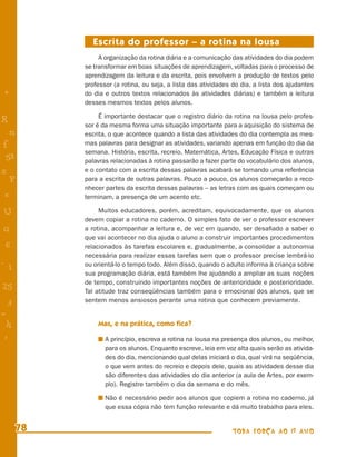 Escrita do professor – a rotina na lousa
                A organização da rotina diária e a comunicação das atividades do dia podem
           se transformar em boas situações de aprendizagem, voltadas para o processo de
           aprendizagem da leitura e da escrita, pois envolvem a produção de textos pelo
           professor (a rotina, ou seja, a lista das atividades do dia, a lista dos ajudantes
+          do dia e outros textos relacionados às atividades diárias) e também a leitura
           desses mesmos textos pelos alunos.

                É importante destacar que o registro diário da rotina na lousa pelo profes-
R
           sor é da mesma forma uma situação importante para a aquisição do sistema de
    n      escrita, o que acontece quando a lista das atividades do dia contempla as mes-
f          mas palavras para designar as atividades, variando apenas em função do dia da
           semana. História, escrita, recreio, Matemática, Artes, Educação Física e outras
 58        palavras relacionadas à rotina passarão a fazer parte do vocabulário dos alunos,
s          e o contato com a escrita dessas palavras acabará se tornando uma referência
  P        para a escrita de outras palavras. Pouco a pouco, os alunos começarão a reco-
           nhecer partes da escrita dessas palavras – as letras com as quais começam ou
 e         terminam, a presença de um acento etc.

U               Muitos educadores, porém, acreditam, equivocadamente, que os alunos
           devem copiar a rotina no caderno. O simples fato de ver o professor escrever
G          a rotina, acompanhar a leitura e, de vez em quando, ser desaﬁado a saber o
           que vai acontecer no dia ajuda o aluno a construir importantes procedimentos
 6         relacionados às tarefas escolares e, gradualmente, a consolidar a autonomia
           necessária para realizar essas tarefas sem que o professor precise lembrá-lo
- 1        ou orientá-lo o tempo todo. Além disso, quando o adulto informa à criança sobre
           sua programação diária, está também lhe ajudando a ampliar as suas noções
           de tempo, construindo importantes noções de anterioridade e posterioridade.
25         Tal atitude traz conseqüências também para o emocional dos alunos, que se
           sentem menos ansiosos perante uma rotina que conhecem previamente.
 3
=
 h             Mas, e na prática, como ﬁca?
 -
 :                A princípio, escreva a rotina na lousa na presença dos alunos, ou melhor,
                  para os alunos. Enquanto escreve, leia em voz alta quais serão as ativida-
                  des do dia, mencionando qual delas iniciará o dia, qual virá na seqüência,
                  o que vem antes do recreio e depois dele, quais as atividades desse dia
                  são diferentes das atividades do dia anterior (a aula de Artes, por exem-
                  plo). Registre também o dia da semana e do mês.

                  Não é necessário pedir aos alunos que copiem a rotina no caderno, já
                  que essa cópia não tem função relevante e dá muito trabalho para eles.


      78                                                       TODA FORÇA AO 1º ANO
 