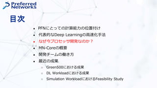 目次
● PFNにとっての計算能力の位置付け
● 代表的なDeep Learningの高速化手法
● なぜ今プロセッサ開発なのか？
● MN-Coreの概要
● 開発チームの働き方
● 最近の成果
○ Green500における成果
○ DL Workloadにおける成果
○ Simulation WorkloadにおけるFeasibility Study
 