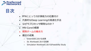 目次
● PFNにとっての計算能力の位置付け
● 代表的なDeep Learningの高速化手法
● なぜ今プロセッサ開発なのか？
● MN-Coreの概要
● 開発チームの働き方
● 最近の成果
○ Green500における成果
○ DL Workloadにおける成果
○ Simulation WorkloadにおけるFeasibility Study
 