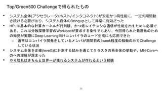 36
• システム全体(アクセラレータ/ホスト/インタコネクト)が安定かつ高性能に、一定の期間動
き続ける必要があり、システム自体のBringupとして非常に有効だった
• HPLは基本的な計算カーネルが行列積、かつ低レイテンシな通信が性能を出すために必須で
ある。これは分散深層学習のWorkloadが要求する条件でもあり、今回得られた最適化のため
の知見が実際にDeep Learning向けコンパイラのコード生成にも応用できた
– 通常はコンパイラ開発をしているメンバが期間前の3week程度の稼働のみでChallenge
している状況
• システム全体を正確(level3)に計測する試みを通じてクラスタの系全体の挙動や、MN-Coreへ
のへの理解が深まった
• やり切ればきちんと世界一が獲れるシステムが作れるという経験
Top/Green500 Challengeで得られたもの
 