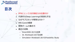 目次
● PFNにとっての計算能力の位置付け
● 代表的なDeep Learningの高速化手法
● なぜ今プロセッサ開発なのか？
● MN-Coreの概要
● 開発チームの働き方
● 最近の成果
○ Green500における成果
○ DL Workloadにおける成果
○ Simulation WorkloadにおけるFeasibility Study
 