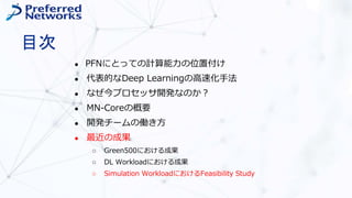目次
● PFNにとっての計算能力の位置付け
● 代表的なDeep Learningの高速化手法
● なぜ今プロセッサ開発なのか？
● MN-Coreの概要
● 開発チームの働き方
● 最近の成果
○ Green500における成果
○ DL Workloadにおける成果
○ Simulation WorkloadにおけるFeasibility Study
 