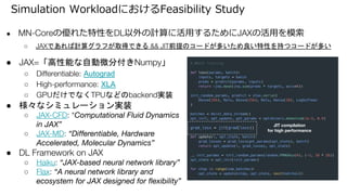 ● MN-Coreの優れた特性をDL以外の計算に活用するためにJAXの活用を模索
○ JAXであれば計算グラフが取得できる && JIT前提のコードが多いため良い特性を持つコードが多い
Simulation WorkloadにおけるFeasibility Study
● JAX=「高性能な自動微分付きNumpy」
○ Differentiable: Autograd
○ High-performance: XLA
○ GPUだけでなくTPUなどのbackend実装
● 様々なシミュレーション実装
○ JAX-CFD: “Computational Fluid Dynamics
in JAX”
○ JAX-MD: “Differentiable, Hardware
Accelerated, Molecular Dynamics”
● DL Framework on JAX
○ Haiku: “JAX-based neural network library”
○ Flax: “A neural network library and
ecosystem for JAX designed for flexibility”
JIT compilation
for high performance
 