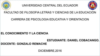 UNIVERSIDAD CENTRAL DEL ECUADOR
FACULTAD DE FILOSOFIA LETRAS Y CIENCIAS DE LA EDUCACIÒN
CARRERA DE PSICOLOGIA EDUCATIVA Y ORIENTACION
EL CONOCIMIENTO Y LA CIENCIA
ESTUDIANTE: DANIEL COBACANGO.
DOCENTE: GONZALO REMACHE
DICIEMBRE,2016
 
