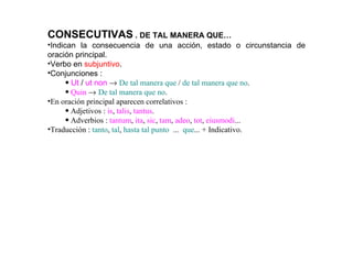 cbs-sintaxis latina CONSECUTIVAS  . DE TAL MANERA QUE… Indican la consecuencia de una acción, estado o circunstancia de oración principal. Verbo en  subjuntivo . Conjunciones : Ut  /  ut non      De tal manera que  /  de tal manera que no . Quin      De tal manera que no . En oración principal aparecen correlativos : Adjetivos :  is ,  talis ,  tantus . Adverbios :  tantum ,  ita ,  sic ,  tam ,  adeo ,  tot ,  eiusmodi ... Traducción :  tanto ,  tal ,  hasta tal punto   ...  que ... + Indicativo. 