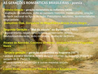 AS GERAÇÕES ROMÂNTICAS BRASILEIRAS - poesia
Primeira Geração – geração nacionalista ou indianista (1836)
• exaltação da natureza, volta ao passado histórico, medievalismo, criação
do herói nacional na figura do índio, Patriotismo, telurismo, sentimentalismo,
religiosidade.
Gonçalves Dias, Gonçalves de Magalhães e Araújo Porto Alegre.
Segunda Geração – “Mal do século” ou Byroniana (1852)
• egocentrismo, negativismo boêmio, pessimismo, dúvida,
desilusãoadolescente, tédio constante, exaltação da morte.
Álvares de Azevedo, Casimiro de Abreu, Junqueira Freire e Fagundes
Varela.
Terceira geração – geração condoreira ou hugoana (1871)
• poesia social e libertária, reflete as lutas internas da Segunda metade do
reinado de D. Pedro II.
•Poesia contra a escravidão e outras mazelas sociais.
Castro Alves, seguido por Tobias Barreto e Sousândrade.
 