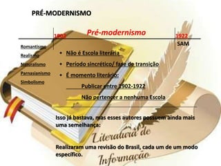1902 1922
SAMRomantismo
Realismo
Naturalismo
Parnasianismo
Simbolismo
PRÉ-MODERNISMO
Pré-modernismo
• Não é Escola literária
• Período sincrético/ fase de transição
• É momento literário:
Publicar entre 1902-1922
Não pertencer a nenhuma Escola
Isso já bastava, mas esses autores possuem ainda mais
uma semelhança:
Realizaram uma revisão do Brasil, cada um de um modo
específico.
 