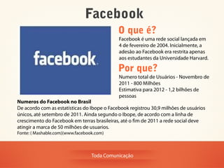 Facebook
                                             O que é?
                                             Facebook é uma rede social lançada em
                                             4 de fevereiro de 2004. Inicialmente, a
                                             adesão ao Facebook era restrita apenas
                                             aos estudantes da Universidade Harvard.

                                             Por que?
                                             Numero total de Usuários - Novembro de
                                             2011 - 800 Milhões
                                             Estimativa para 2012 - 1,2 bilhões de
                                             pessoas
Numeros do Facebook no Brasil
De acordo com as estatísticas do Ibope o Facebook registrou 30,9 milhões de usuários
únicos, até setembro de 2011. Ainda segundo o Ibope, de acordo com a linha de
crescimento do Facebook em terras brasileiras, até o fim de 2011 a rede social deve
atingir a marca de 50 milhões de usuarios.
Fonte: ( Mashable.com)(www.facebook.com)



                                  Toda Comunicação
 