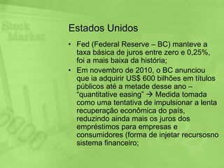 ATUAL CENÁRIO - BrasilReunião do COPOM nos dias 19 e 20 de abril para rever a SELICEspeculava-se que a SELIC ia subir 0,50%, porém subiu apenas 0,25%, passando de 11,75% para 12% ao ano. Segundo o COPOM, esta decisão pretende ser “suficientemente prolongada”, ou seja, não pretendem mudar a SELIC nos próximos meses. Estas atitudes tem como principal objetivo conter a inflação, diminuindo a DA. Um conjunto de políticas monetárias e cambiais e cortes no orçamento compõe este cenário buscando diminuir a DA.A meta da inflação é 4,5%, sendo o teto máximo 6,5%. O IPCA está em 6,37%.