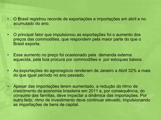 Significado de commoditiesMercadoria;São minérios e gêneros agrícolas;Produzidos em larga escala;Comercializados a nível mundial;São negociadas em bolsas mercadorias, seus preços são definidos em nível global pelo marcado internacional.Não passam por processo de industrialização, são, gerlamente, matéria-prima.