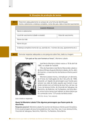 94

B. Situações de produção de textos

RH 4

Preencher adequadamente os campos de uma ficha de identificação
(nome, sobrenome, endereço completo, nome dos pais, data e local de nascimento).
DADOS PESSOAIS
Nome e sobrenome:
Local de nascimento (cidade e estado):

Data de nascimento:

Nome da mãe:
Nome do pai:
Endereço completo (nome da rua, avenida etc. / número da casa, apartamento etc.):

RH 5

Formular respostas adequadas a uma pergunta sobre fato, dado ou imagem.
“Um país se faz com homens e livros”, Monteiro Lobato
José Bento Monteiro Lobato nasceu a 18 de abril de
1882, na cidade de Taubaté.
Filho do fazendeiro José Bento Marcondes Lobato e
de dona Olímpia Augusta Monteiro Lobato, ele foi, além
de inventor, o maior escritor da literatura infanto-juvenil
brasileira.
Monteiro Lobato morreu, vitimado por um derrame,
às 4 horas da madrugada do dia 4 de julho de 1948,
deixando um legado de personagens que ficarão para
sempre nas vidas de todos aqueles que tiveram e que
terão contato com as histórias do Jeca Tatu, do Saci, da
Cuca, da boneca Emília, do Visconde de Sabugosa, da
Narizinho, do Pedrinho, da Tia Nastácia, da Dona Benta, entre outros tantos que habitam as obras deste que
foi conhecido como “O Furacão da Botocúndia”.
ROSCHEL, Renato. Texto adaptado.

Leia o texto e responda.
Quem foi Monteiro Lobato? Cite algumas personagens que fazem parte de
seus livros.
Resposta possível: Monteiro Lobato foi escritor da literatura infanto-juvenil brasileira.
Entre as personagens de seus livros podemos citar: Jeca Tatu, Saci, Cuca, boneca Emília,
Visconde de Sabugosa, Narizinho, Pedrinho, Tia Nastácia, Dona Benta.

Exemplos de itens que medem as habilidades das Matrizes de Referência para a Avaliação em Língua Portuguesa

 