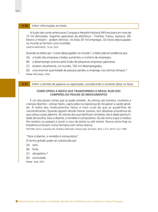 124

H 80

Inferir informações em texto.

A fusão das norte-americanas Compaq e Hewlett-Packard (HP) resultará em mais de
15 mil demissões. Gigantes japonesas da eletrônica – Toshiba, Fujitsu, Kyocera, Oki
Electric e Hitachi – podem eliminar, no total, 87 mil empregos. Os novos desocupados
no mundo já formam uma multidão.
GAZETA MERCANTIL, 10 set. 2001.

Quando se refere aos “novos desocupados no mundo”, o texto põe em evidência que
(A) a fusão das empresas citadas aumentou o número de empregos.
(B)

o desemprego ocorreu pela fusão de pequenas empresas japonesas.

(C) existem atualmente, no mundo, 102 mil desempregados.
(D) uma enorme quantidade de pessoas perdeu o emprego nos últimos tempos.*
Fonte: MEC/Japão, 2000.

H 81

Inferir o sentido de palavras ou expressões, considerando o contexto delas no texto.
COMO OPERA A MÁFIA QUE TRANSFORMOU O BRASIL NUM DOS
CAMPEÕES DA FRAUDE DE MEDICAMENTOS

É um dos piores crimes que se pode cometer. As vitimas são homens, mulheres e
crianças doentes – presas fáceis, capturadas na esperança de recuperar a saúde perdida. A máfia dos medicamentos falsos é mais cruel do que as quadrilhas de
narcotraficantes. Quando alguém decide cheirar cocaína, tem absoluta consciência do
que coloca corpo adentro. Às vitimas dos que falsificam remédios não é dada oportunidade de escolha. Para o doente, o remédio é compulsório. Ou ele toma o que o médico
lhe receitou ou passará a correr o risco de piorar ou até morrer. Nunca como hoje os
brasileiros entraram numa farmácia com tanta reserva.
PASTORE, Karina. O paraíso dos remédios falsificados. Revista Veja, São Paulo, Abril, n.27 p. 40-41, 8 jul. 1998.

“Para o doente, o remédio é compulsório”.
O termo grifado pode ser substituído por
(A) caro.
(B)

forte.

(C) obrigatório.*
(D) controlado.
Fonte: Saeb, 2001.

Exemplos de itens que medem as habilidades das Matrizes de Referência para a Avaliação em Língua Portuguesa

 