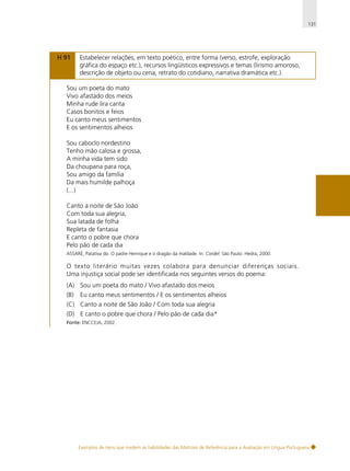 131

H 91

Estabelecer relações, em texto poético, entre forma (verso, estrofe, exploração
gráfica do espaço etc.), recursos lingüísticos expressivos e temas (lirismo amoroso,
descrição de objeto ou cena, retrato do cotidiano, narrativa dramática etc.).

Sou um poeta do mato
Vivo afastado dos meios
Minha rude lira canta
Casos bonitos e feios
Eu canto meus sentimentos
E os sentimentos alheios
Sou caboclo nordestino
Tenho mão calosa e grossa,
A minha vida tem sido
Da choupana para roça,
Sou amigo da família
Da mais humilde palhoça
(...)
Canto a noite de São João
Com toda sua alegria,
Sua latada de folha
Repleta de fantasia
E canto o pobre que chora
Pelo pão de cada dia
ASSARÉ, Patativa do. O padre Henrique e o dragão da maldade. In: Cordel. São Paulo: Hedra, 2000.

O texto literário muitas vezes colabora para denunciar diferenças sociais.
Uma injustiça social pode ser identificada nos seguintes versos do poema:
(A) Sou um poeta do mato / Vivo afastado dos meios
(B)

Eu canto meus sentimentos / E os sentimentos alheios

(C) Canto a noite de São João / Com toda sua alegria
(D) E canto o pobre que chora / Pelo pão de cada dia*
Fonte: ENCCEJA, 2002.

Exemplos de itens que medem as habilidades das Matrizes de Referência para a Avaliação em Língua Portuguesa

 