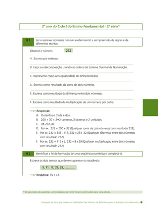 145

2º ano do Ciclo I do Ensino Fundamental – 2ª série*

H1

Ler e escrever números naturais evidenciando a compreensão de regras e de
diferentes escritas.

Observe o número

232

A. Escreva por extenso.
B. Faça sua decomposição usando as ordens do Sistema Decimal de Numeração.
C. Represente como uma quantidade de dinheiro (reais).
D. Escreva como resultado da soma de dois números.
E. Escreva como resultado da diferença entre dois números.
F. Escreva como resultado da multiplicação de um número por outro.
Respostas:
A. Duzentos e trinta e dois.
B. 200 + 30 + 2 2 centenas,3 dezenas e 2 unidades.
C. R$ 232,00.
D. Por ex. 232 = 200 + 32 (Qualquer soma de dois números com resultado 232).
E. Por ex. 232 = 345 - 113; 232 = 254 -22 (Qualquer diferença entre dois números
com resultado 232).
F. Por ex. 232 = 116 x 2; 232 = 8 x 29 (Qualquer multiplicação entre dois números
com resultado 232).
H2

Identificar a lei de formação de uma seqüência numérica e completá-la.

Escreva os dois termos que devem aparecer na seqüência:
5, 11, 17, 23, 29, ....., ......
Resposta: 35 e 41.

* Os exemplos de questões sem indicação de fonte foram construídos para esta edição.

Exemplos de itens que medem as habilidades das Matrizes de Referência para a Avaliação em Matemática

 