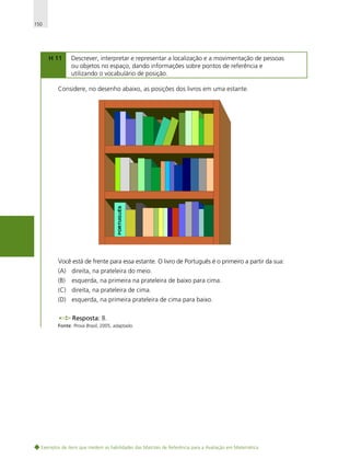 150

H 11

Descrever, interpretar e representar a localização e a movimentação de pessoas
ou objetos no espaço, dando informações sobre pontos de referência e
utilizando o vocabulário de posição.

Considere, no desenho abaixo, as posições dos livros em uma estante.

Você está de frente para essa estante. O livro de Português é o primeiro a partir da sua:
(A) direita, na prateleira do meio.
(B)

esquerda, na primeira na prateleira de baixo para cima.

(C) direita, na prateleira de cima.
(D) esquerda, na primeira prateleira de cima para baixo.
Resposta: B.
Fonte: Prova Brasil, 2005, adaptado.

Exemplos de itens que medem as habilidades das Matrizes de Referência para a Avaliação em Matemática

 
