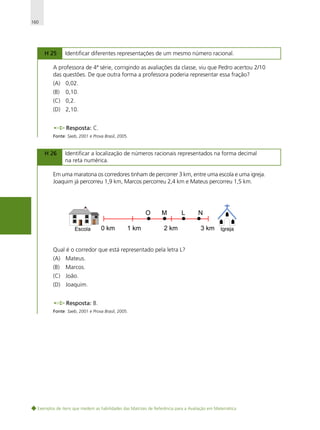 160

H 25

Identificar diferentes representações de um mesmo número racional.

A professora de 4ª série, corrigindo as avaliações da classe, viu que Pedro acertou 2/10
das questões. De que outra forma a professora poderia representar essa fração?
(A) 0,02.
(B)

0,10.

(C) 0,2.
(D) 2,10.
Resposta: C.
Fonte: Saeb, 2001 e Prova Brasil, 2005.

H 26

Identificar a localização de números racionais representados na forma decimal
na reta numérica.

Em uma maratona os corredores tinham de percorrer 3 km, entre uma escola e uma igreja.
Joaquim já percorreu 1,9 km, Marcos percorreu 2,4 km e Mateus percorreu 1,5 km.

Qual é o corredor que está representado pela letra L?
(A) Mateus.
(B)

Marcos.

(C) João.
(D) Joaquim.
Resposta: B.
Fonte: Saeb, 2001 e Prova Brasil, 2005.

Exemplos de itens que medem as habilidades das Matrizes de Referência para a Avaliação em Matemática

 