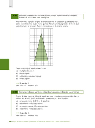 168

H 41

Identificar propriedades comuns e diferenças entre figuras bidimensionais pelo
número de lados, pelos tipos de ângulos.

A figura mostra o projeto original da árvore de Natal da cidade em que Roberto mora.
Como consideraram a árvore muito grande, fizeram um novo projeto, de modo que
suas dimensões se tornaram 2 vezes menores que as do projeto original

Para o novo projeto, as dimensões foram
(A) multiplicadas por 2.
(B)

divididas por 2.

(C) subtraídas em duas unidades.
(D) divididas por 4.
Resposta: B.
Fonte: Saeb, 2001 e Prova Brasil, 2005.

H 42

Estimar a medida de grandezas utilizando unidades de medida não-convencionais.

O carro de João consome 1 litro de gasolina a cada 10 quilômetros percorridos. Para ir
da sua casa ao sítio, que fica distante 63 quilômetros, o carro consome
(A) um pouco menos de 6 litros de gasolina.
(B)

exatamente 6 litros de gasolina.

(C) um pouco mais de 6 litros de gasolina.
(D) exatamente 7 litros de gasolina.
Resposta: C.
Fonte: Saeb, 2001 e Prova Brasil, 2005.

Exemplos de itens que medem as habilidades das Matrizes de Referência para a Avaliação em Matemática

 