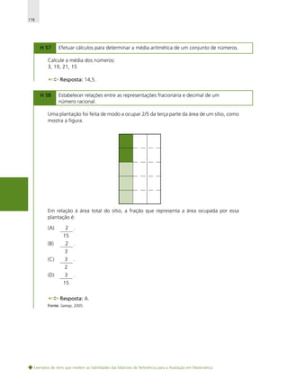 178

H 57

Efetuar cálculos para determinar a média aritmética de um conjunto de números.

Calcule a média dos números:
3, 19, 21, 15
Resposta: 14,5.
H 58

Estabelecer relações entre as representações fracionária e decimal de um
número racional.

Uma plantação foi feita de modo a ocupar 2/5 da terça parte da área de um sítio, como
mostra a figura.

Em relação à área total do sítio, a fração que representa a área ocupada por essa
plantação é:
(A)

2

.

15
(B)

2

.

3
(C)

3

.

2
(D)

3

.

15
Resposta: A.
Fonte: Saresp, 2005.

Exemplos de itens que medem as habilidades das Matrizes de Referência para a Avaliação em Matemática

 