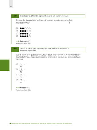 192

H 81

Reconhecer as diferentes representações de um número racional.

Em qual das figuras abaixo o número de bolinhas pintadas representa 2 do
total de bolinhas?

3

(A)
(B)
(C)
(D)
Resposta: C.
Fonte: Prova Brasil, 2005.

H 82

Identificar fração como representação que pode estar associada a
diferentes significados.

Das 15 bolinhas de gude que tinha, Paulo deu 6 para o seu irmão. Considerando-se o
total de bolinhas, a fração que representa o número de bolinhas que o irmão de Paulo
ganhou é
(A)

6

.

15
(B)

9

.

15
(C)

15

.

9
(D)

15

.

6
Resposta: A.
Fonte: Prova Brasil, 2005.

Exemplos de itens que medem as habilidades das Matrizes de Referência para a Avaliação em Matemática

 