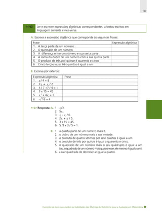 197

H 90

Ler e escrever expressões algébricas correspondentes a textos escritos em
linguagem corrente e vice-versa.

A. Escreva a expressão algébrica que corresponde às seguintes frases:
Frase
1. A terça parte de um número
2. O quíntuplo de um número
3. A diferença entre um número e sua sexta parte
4. A soma do dobro de um número com a sua quinta parte
5. O produto de três por quinze é quarenta e cinco
6. Cinco terços vezes três quintos é igual a um

Expressão algébrica

B. Escreva por extenso:
Expressão algébrica
1. x / 4 + 8
2. 2x + x / 2
3. 4 / 7 +7 / 4 = 1
4. 3 x 15 = 45
5. x 2 + 4x = 1
6.

Frase

16 = 4
Resposta: A. 1.
2.
3.
4.
5.
6.

x /3.
5x .
x - x / 6.
2x + x / 5.
3 x 15 = 45.
5 /3 x 3 / 5 = 1.

B. 1.
2.
3.
4.
5.

a quarta parte de um número mais 8.
o dobro de um número mais a sua metade.
o produto de quatro sétimos por sete quartos é igual a um.
o produto de três por quinze é igual a quarenta e cinco.
o quadrado de um número mais o seu quádruplo é igual a um
(ou, o quadrado de um número mais quatro vezes ele mesmo é igual a um).
6 . a raiz quadrada de dezesseis é igual a quatro.

Exemplos de itens que medem as habilidades das Matrizes de Referência para a Avaliação em Matemática

 