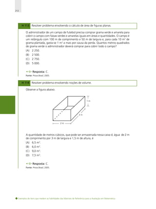 212

H 113 Resolver problema envolvendo o cálculo de área de figuras planas.
O administrador de um campo de futebol precisa comprar grama verde e amarela para
cobrir o campo com faixas verdes e amarelas iguais em áreas e quantidades. O campo é
um retângulo com 100 m de comprimento e 50 m de largura e, para cada 10 m2 de
grama plantada, gasta-se 1 m2 a mais por causa da perda. Quantos metros quadrados
de grama verde o administrador deverá comprar para cobrir todo o campo?
(A) 2 250.
(B)

2 500.

(C) 2 750.
(D) 5 000.
Resposta: C.
Fonte: Prova Brasil, 2005.

H 114 Resolver problema envolvendo noções de volume.
Observe a figura abaixo.

1m

3m

2m

A quantidade de metros cúbicos, que pode ser armazenada nessa caixa d, água de 2 m
de comprimento por 3 m de largura e 1,5 m de altura, é
(A) 6,5 m3.
(B)

6,0 m3.

(C) 9,0 m3.
(D) 7,5 m3.
Resposta: C.
Fonte: Prova Brasil, 2005.

Exemplos de itens que medem as habilidades das Matrizes de Referência para a Avaliação em Matemática

 