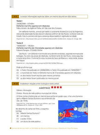 72

H9

Localizar informações explícitas sobre um mesmo assunto em dois textos.

Texto I

24/08/2006 – 07h49m
Elefante-marinho aparece em Ubatuba
Fábio Amato, da Agência Folha, em São José dos Campos
Um elefante-marinho, animal que habita o continente Antártico e o sul da Argentina,
está sendo observado há dois dias em Ubatuba (224 km de São Paulo), no litoral norte do
Estado. Esta é a primeira vez que a presença dessa espécie é registrada na cidade.
Disponível em: <http://www1.folha.uol.com.br/folha/cotidiano/ult95u125300.shtml>. Acesso em: 24 ago. 006.

Texto II

19/06/2007 – 18h26m
Elefante-marinho de 3 toneladas aparece em Ubatuba
Fabiana Parajara, O Globo Online
São Paulo – Um elefante-marinho de cerca de três toneladas, segundo estimativa de
biólogos, foi visto nas praias de Ubatuba, no litoral norte de São Paulo, nesta segunda
e nesta terça-feira. O animal foi visto na praia do Saco da Ribeira e, nesta tarde, estava
em Itaguá.
Disponível em: <http://oglobo.globo.com/sp/mat/2007/06/19/296427858.asp>.

Pode-se afirmar que
(A) o Texto I foi publicado em 24/08/2006 e o Texto II foi publicado em 19/06/2007.*
(C) a manchete do Texto I é Elefante-marino de 3 toneladas aparece em Ubatuba.
(C) os dois textos foram escritos pelo mesmo jornalista.
(D) os dois textos foram publicados no mesmo jornal.
H 10

Estabelecer relações entre ilustração e texto verbal.
ALBERTINHO

Gênero: Animação
Diretor: Alunos da rede pública municipal de Vitória
O filme conta a história de um menino que sonha em poder voar, e faz uma homenagem a Alberto Santos Dumont e ao centenário do
vôo do 14 Bis.
Disponível em: <http://portacurtas.uol.com.br/Filme. asp? Cod=
4963&exib=2673>. Acesso em: 19 jun. 2007.

No desenho do cartaz do filme, a cegonha
carrega
(A) Alberto Santos Dumont.*
(B)

um menino.

(C) o avião 14 bis.
(D) um aluno da rede pública.

Exemplos de itens que medem as habilidades das Matrizes de Referência para a Avaliação em Língua Portuguesa

 