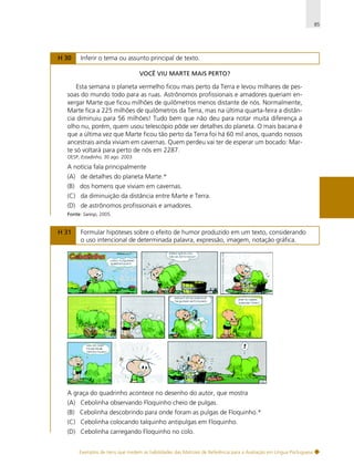 85

H 30

Inferir o tema ou assunto principal de texto.
VOCÊ VIU MARTE MAIS PERTO?

Esta semana o planeta vermelho ficou mais perto da Terra e levou milhares de pessoas do mundo todo para as ruas. Astrônomos profissionais e amadores queriam enxergar Marte que ficou milhões de quilômetros menos distante de nós. Normalmente,
Marte fica a 225 milhões de quilômetros da Terra, mas na última quarta-feira a distância diminuiu para 56 milhões! Tudo bem que não deu para notar muita diferença a
olho nu, porém, quem usou telescópio pôde ver detalhes do planeta. O mais bacana é
que a última vez que Marte ficou tão perto da Terra foi há 60 mil anos, quando nossos
ancestrais ainda viviam em cavernas. Quem perdeu vai ter de esperar um bocado: Marte só voltará para perto de nós em 2287.
OESP, Estadinho, 30 ago. 2003.

A notícia fala principalmente
(A) de detalhes do planeta Marte.*
(B) dos homens que viviam em cavernas.
(C) da diminuição da distância entre Marte e Terra.
(D) de astrônomos profissionais e amadores.
Fonte: Saresp, 2005.

H 31

Formular hipóteses sobre o efeito de humor produzido em um texto, considerando
o uso intencional de determinada palavra, expressão, imagem, notação gráfica.

A graça do quadrinho acontece no desenho do autor, que mostra
(A) Cebolinha observando Floquinho cheio de pulgas.
(B) Cebolinha descobrindo para onde foram as pulgas de Floquinho.*
(C) Cebolinha colocando talquinho antipulgas em Floquinho.
(D) Cebolinha carregando Floquinho no colo.
Exemplos de itens que medem as habilidades das Matrizes de Referência para a Avaliação em Língua Portuguesa

 