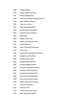 1045. Thiago Sabbag
1046. Thiago Soares de Godoy
1047. Thomas Bustamante
1048. Thyenes de Oliveira Chagas Corrêa
1049. Tiago Castilho Orengo
1050. Tiago Lins e Silva
1051. Tiago Resende Botelho
1052. Uirá Menezes de Azevêdo
1053. Urithiane Brum de Barros
1054. Valeir Ertle
1055. Valéria Jaime Pelá
1056. Valéria Schneider do Canto
1057. Valeska Martins
1058. Valnor Prochinski Henriques
1059. Valter Uzzo
1060. Vanda Davi Fernandes de Oliveira
1061. Vanderlei José da Silva.
1062. Vanessa Alves Vieira
1063. Vanessa Batista Berner
1064. Vanessa Batista Oliveira
1065. Vanessa Carajelescov Braga
1066. Vanessa Chiari Gonçalves
1067. Venâncio dos Santos Filho
1068. Vera Corrêa Chterpensque
1069. Vera Lúcia Santana Araújo
1070. Verena Fadul dos S. Arruda
1071. Veronica Salustiano
1072. Verônica Triani
1073. Vicente Pereira de Souza
1074. Victor Alexander Mazura
 