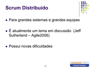 25Scrum DistribuídoPara grandes sistemas e grandes equipesÉ atualmente um tema em discussão  (Jeff Sutherland – Agile2006)Possui novas dificuldades