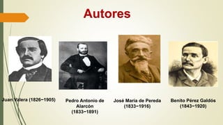 Autores
Juan Valera (1826−1905) Pedro Antonio de
Alarcón
(1833−1891)
José María de Pereda
(1833−1916)
Benito Pérez Galdós
(1843−1920)
 