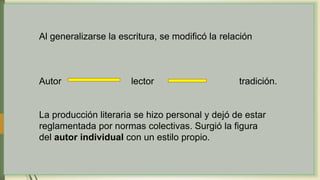 Al generalizarse la escritura, se modificó la relación
Autor lector tradición.
La producción literaria se hizo personal y dejó de estar
reglamentada por normas colectivas. Surgió la figura
del autor individual con un estilo propio.
 